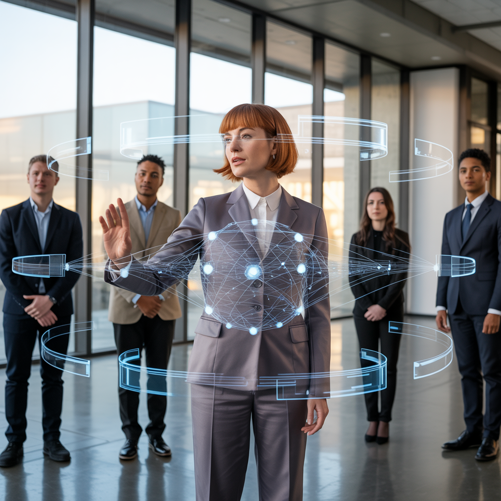 Team of leaders in front of transparent virtual AI screen