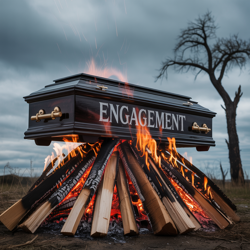 A coffin with the word "ENGAGEMENT" resting on a blazing funeral pyre