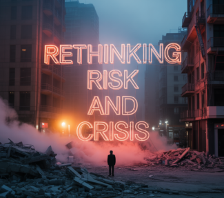 The words "rethinking risk and crisis" superimposed on an urban earthquake scene (Ideogram.ai)