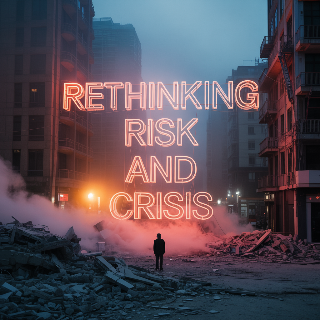 The words "rethinking risk and crisis" superimposed on an urban earthquake scene (Ideogram.ai)