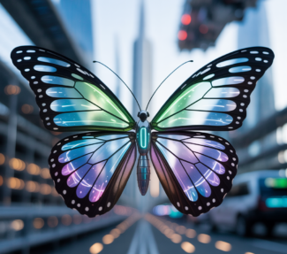 Computer generated futuristic butterfly in urban setting