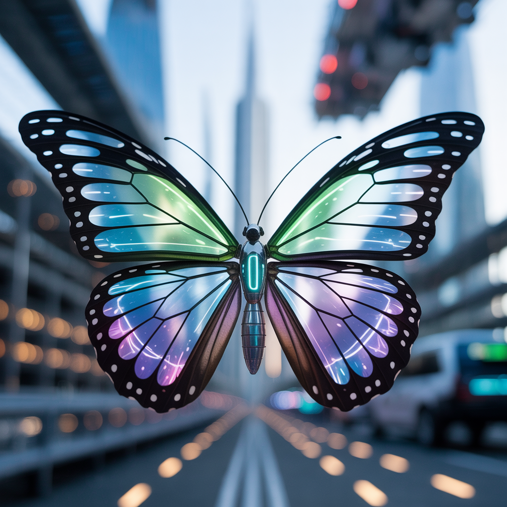 Computer generated futuristic butterfly in urban setting
