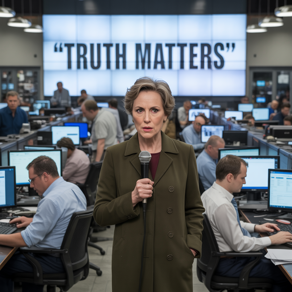 Correspondent in news room with screen above saying 'Truth Matters"