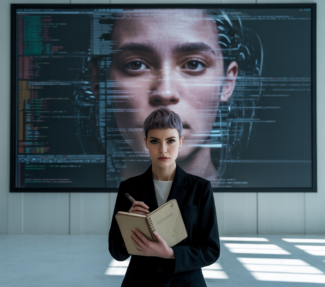 Woman with book standing in front of an AI-generated screen