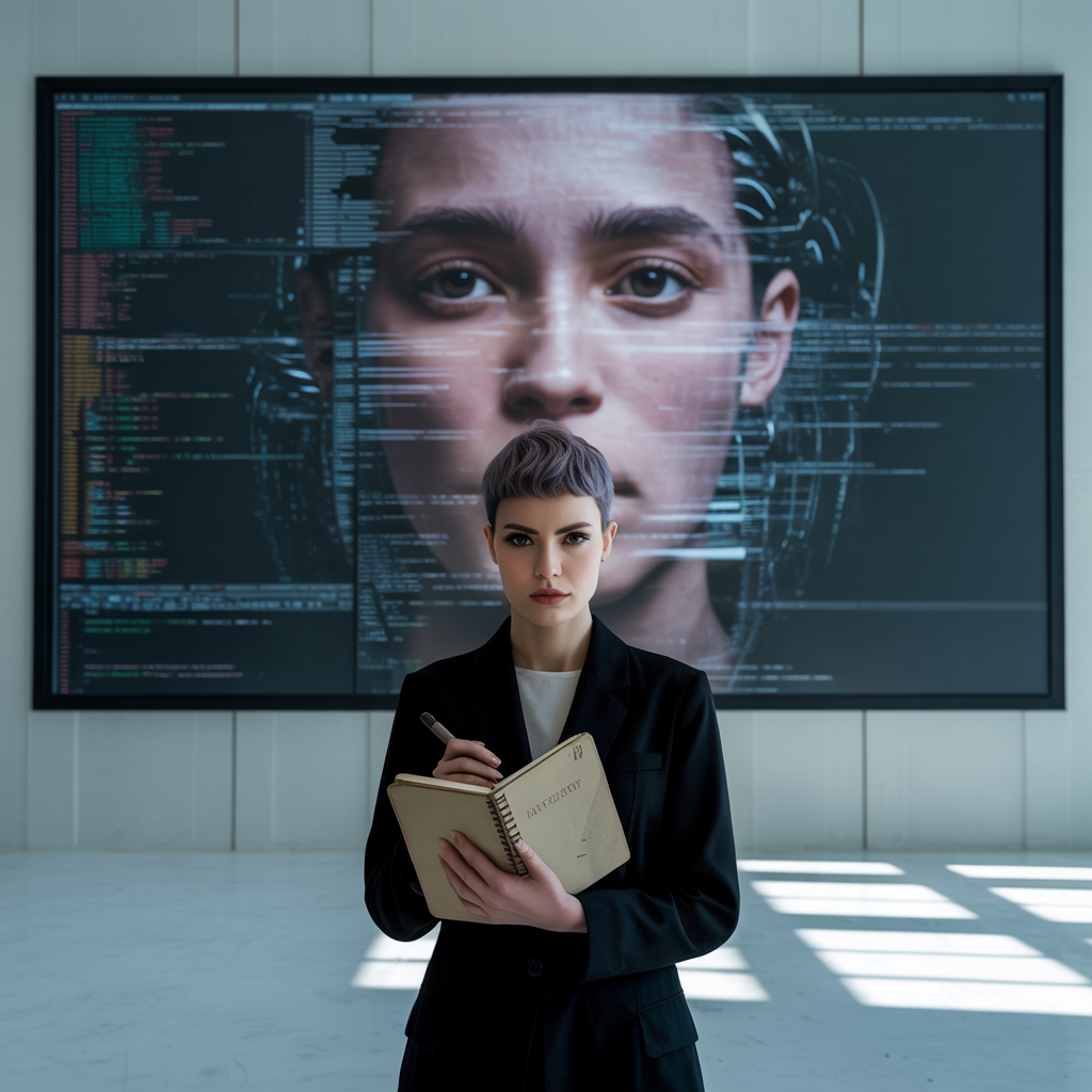 Woman with book standing in front of an AI-generated screen