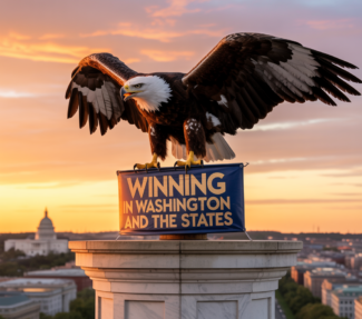 Eagle perched atop banner: "Winning in Washington and the States"