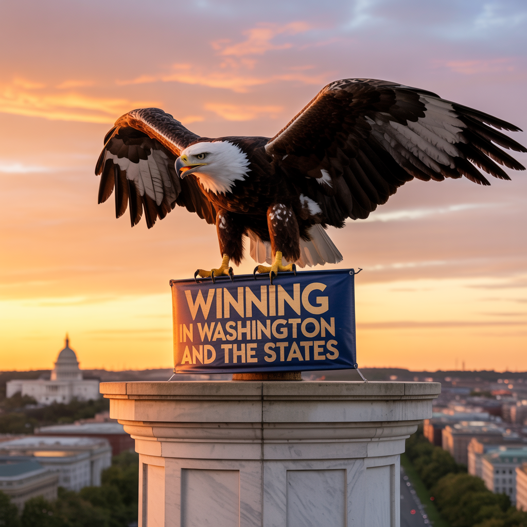Eagle perched atop banner: "Winning in Washington and the States"