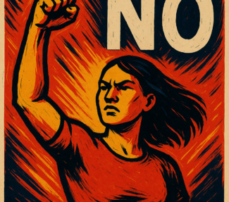 "Power of NO" with woman with fist in the air