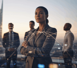 Female PR agency CEO on rooftop with colleagues