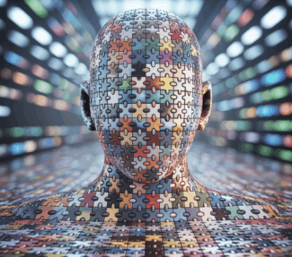Mosaic images forming an ai generated human head silouhette