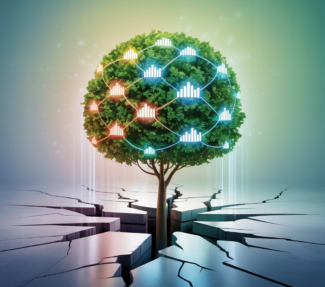 digital illustration of a tree breaking through a concrete sidewalk with Christmas-ornament-style lights with bar graph patterns