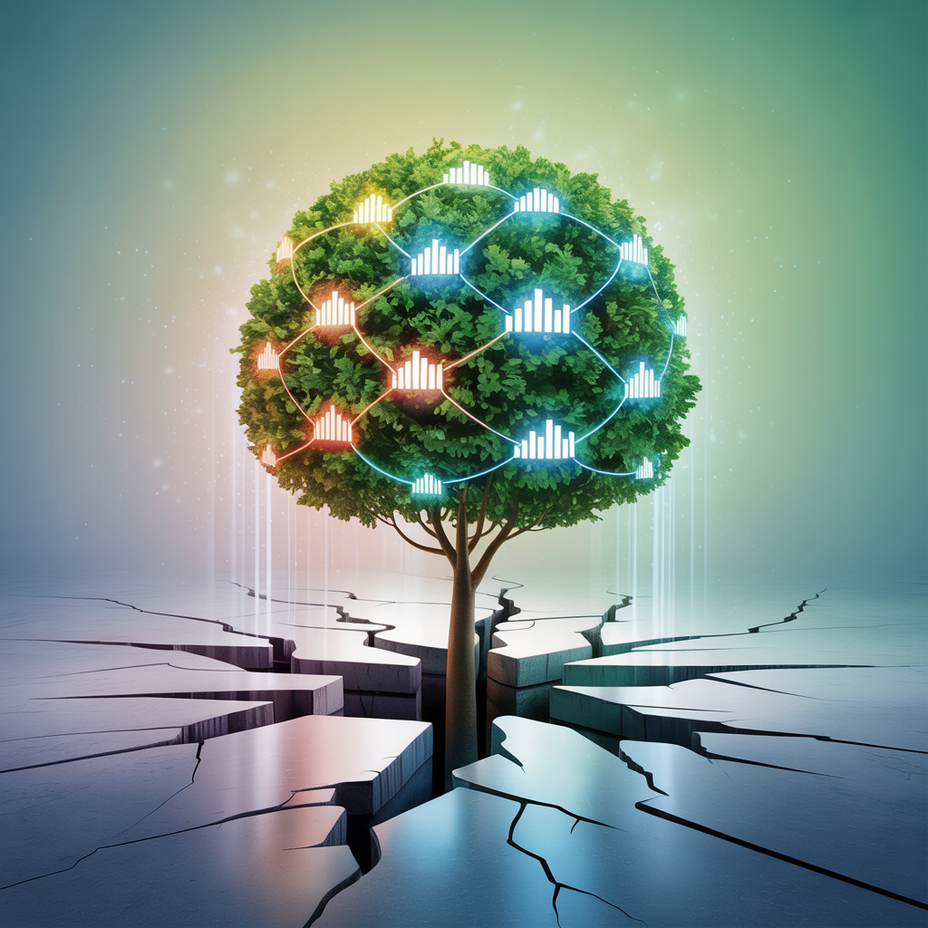 digital illustration of a tree breaking through a concrete sidewalk with Christmas-ornament-style lights with bar graph patterns