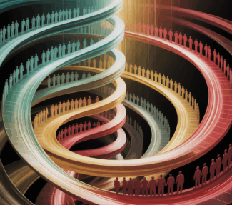 People lined up on an abstract spiral-like ramp