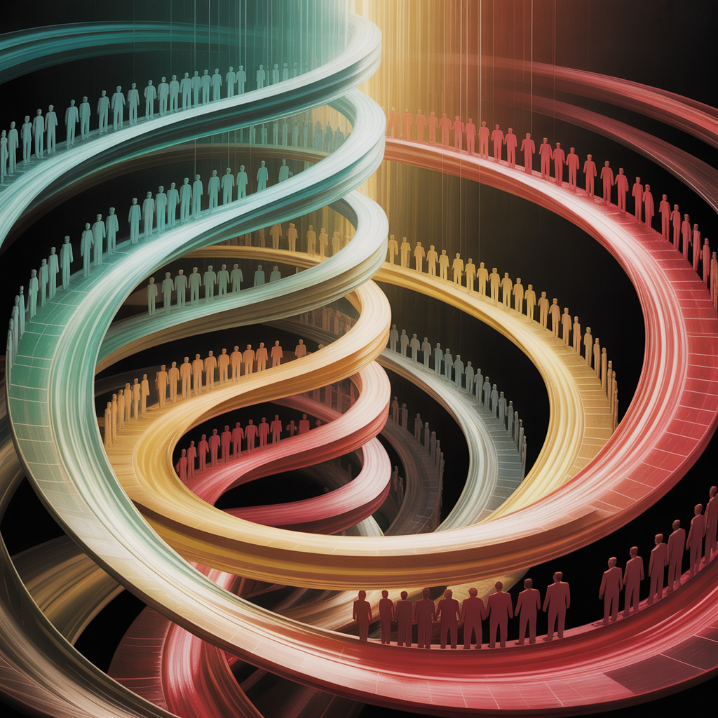 People lined up on an abstract spiral-like ramp