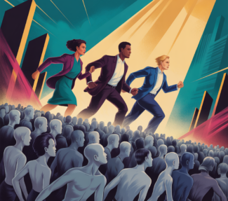 Three leaders in running formation amid a crowd of gray-colored people frozen in action