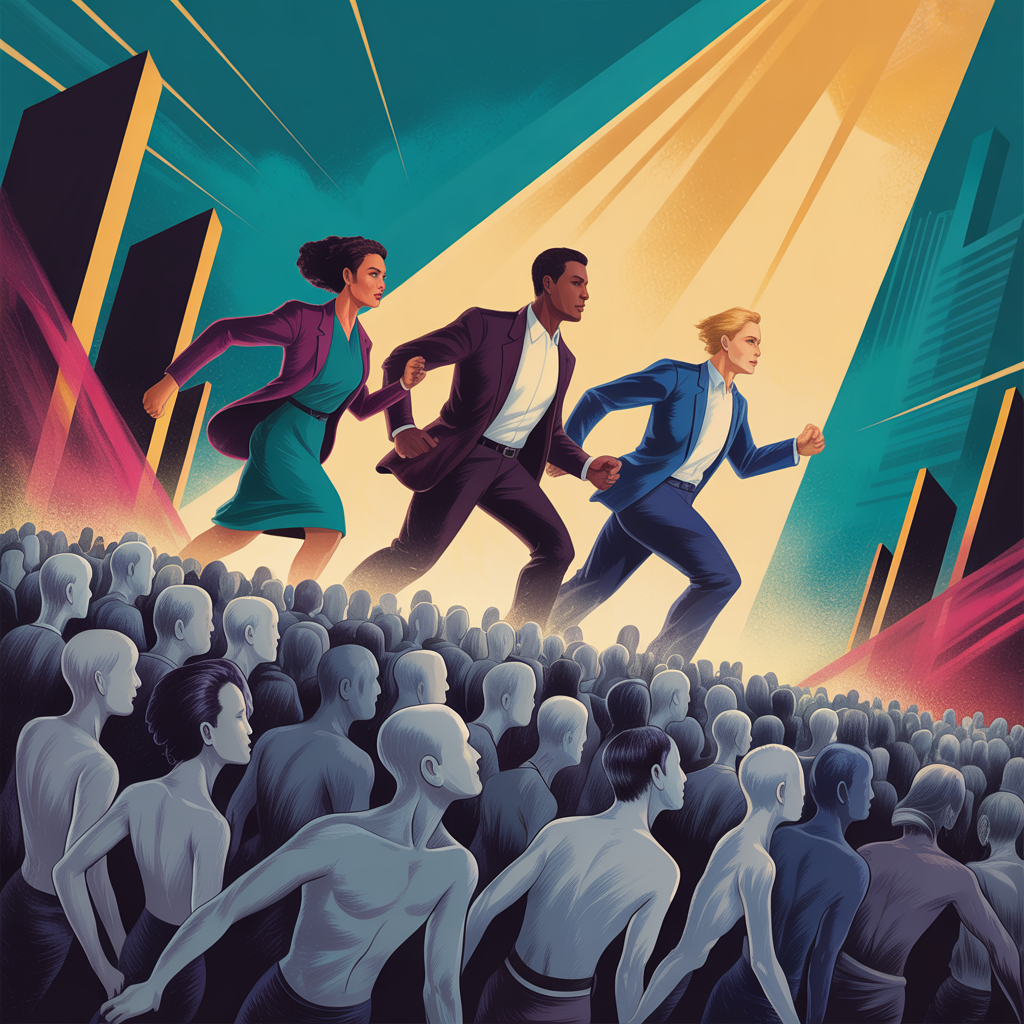 Three leaders in running formation amid a crowd of gray-colored people frozen in action