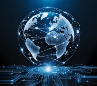 Holographic map of globe with network connections above the map