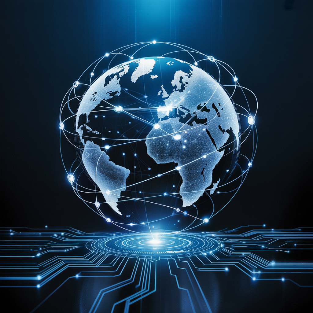 Holographic map of globe with network connections above the map