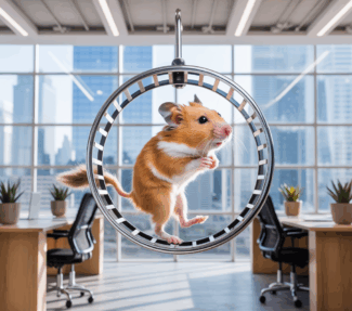 Hamster freezing in place while in running position on a hamster wheel in an empty corporate open-plan office