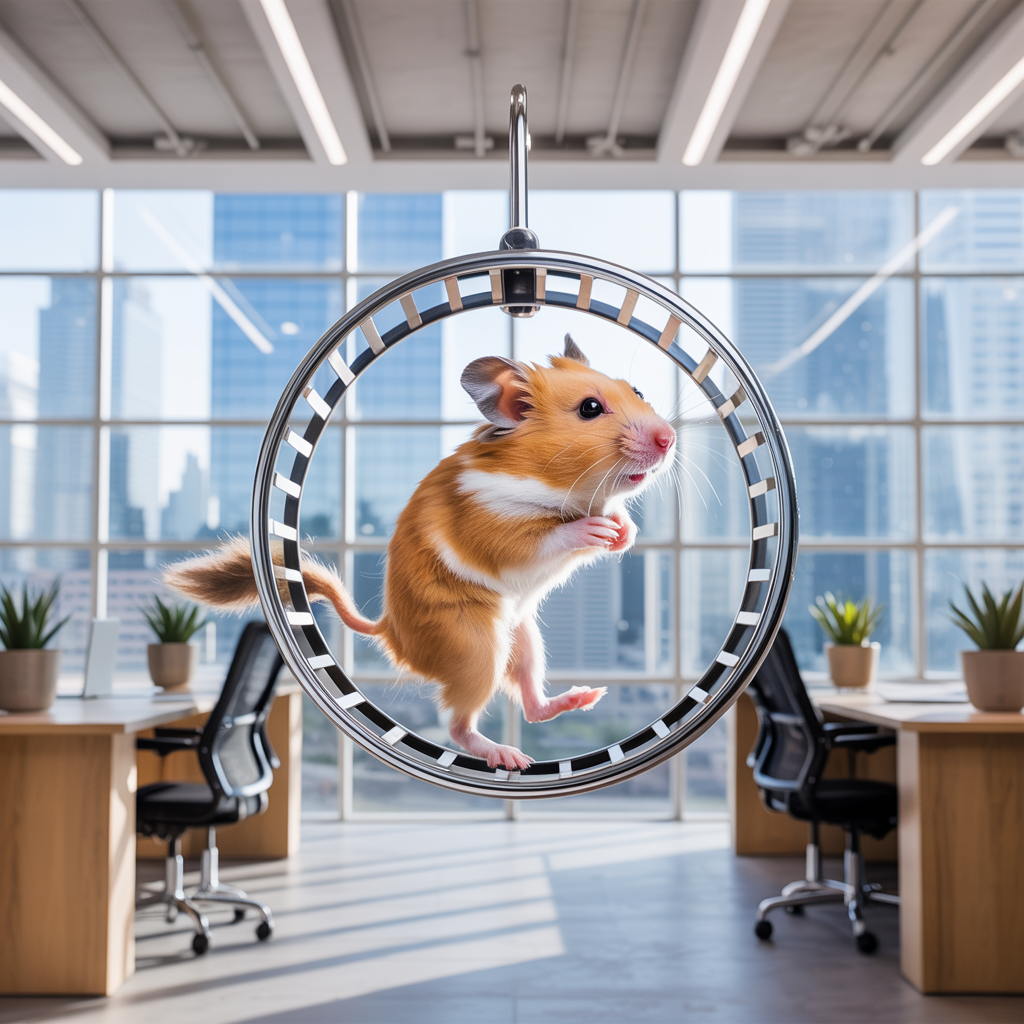 Hamster freezing in place while in running position on a hamster wheel in an empty corporate open-plan office
