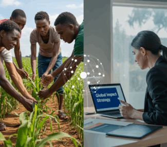 Split screen image of farming in a developing nation and a communication pro at her corporate desk, with an overlaid network diagram