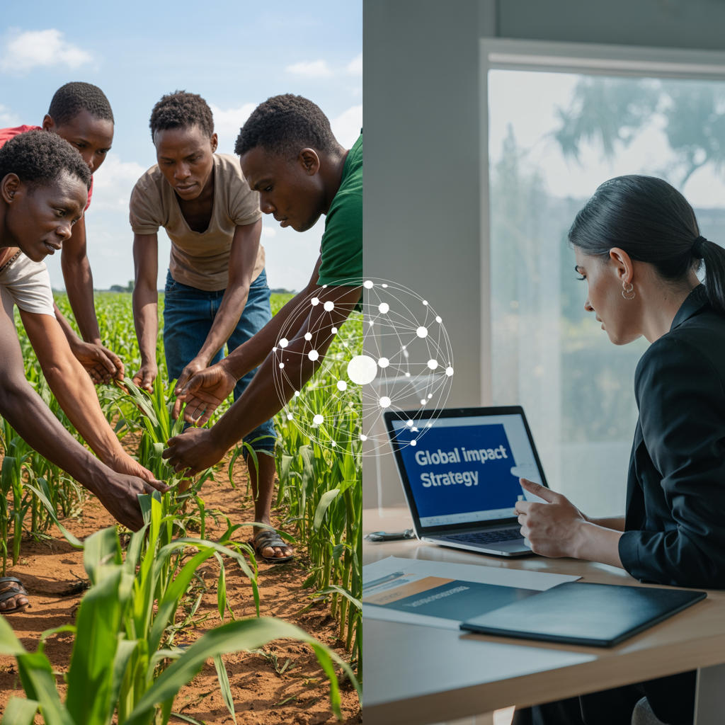 Split screen image of farming in a developing nation and a communication pro at her corporate desk, with an overlaid network diagram
