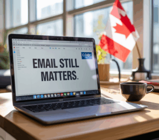 Canadian flag next to laptop with open email program with "Email Still Matters" in the open message