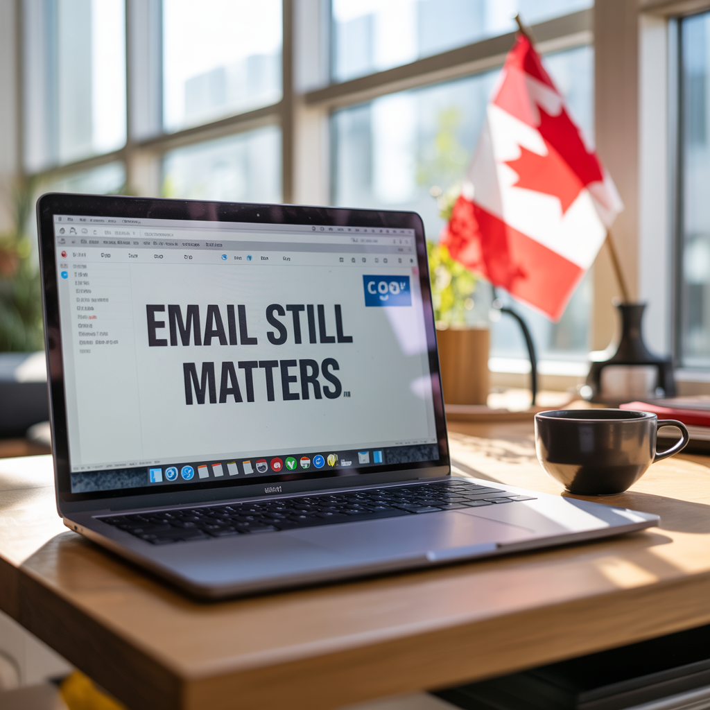 Canadian flag next to laptop with open email program with "Email Still Matters" in the open message