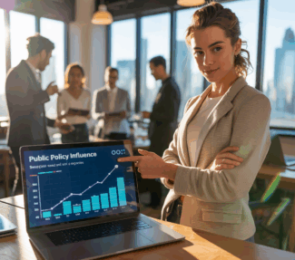 Woman with open laptop in busy office - laptop headline reads "Public Policy Influence"