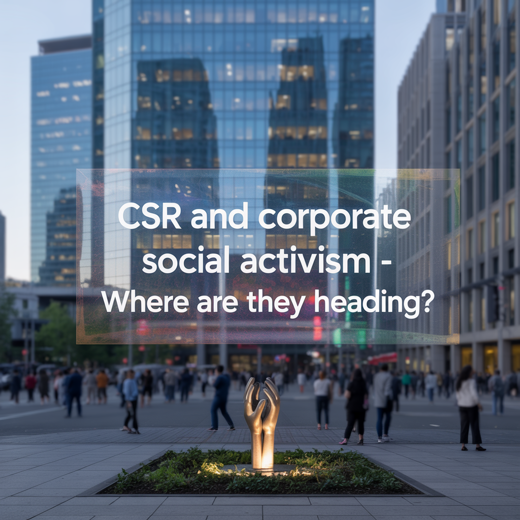 Picture at street level in a large modern city with a window in middle that says "CSR and corporate social activism - where are they heading"