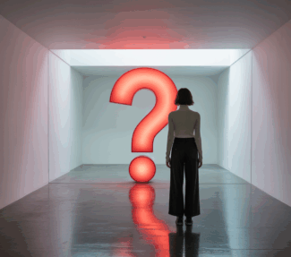 Woman standing in front of a mirror with a red question mark as the reflection