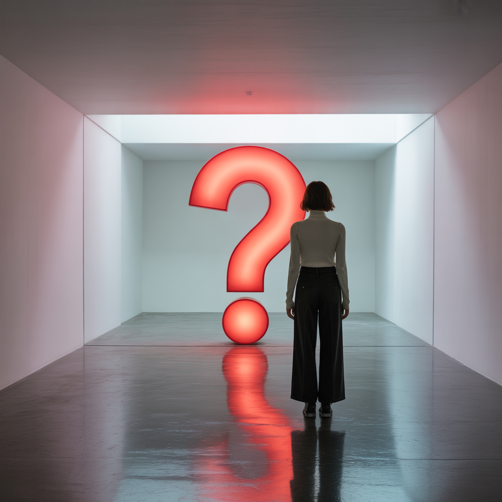 Woman standing in front of a mirror with a red question mark as the reflection