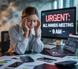 A corporate communication pro at her desk strewn with papers, three smartphones, and a screen behind her saying "URGENT ALL HANDS MEETING at 9AM"