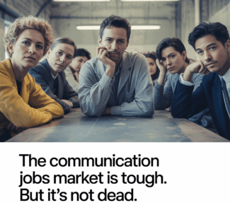 Magazine-ad photo of communication professionals around table with tag line "The communication job market is tough. But it's not dead."