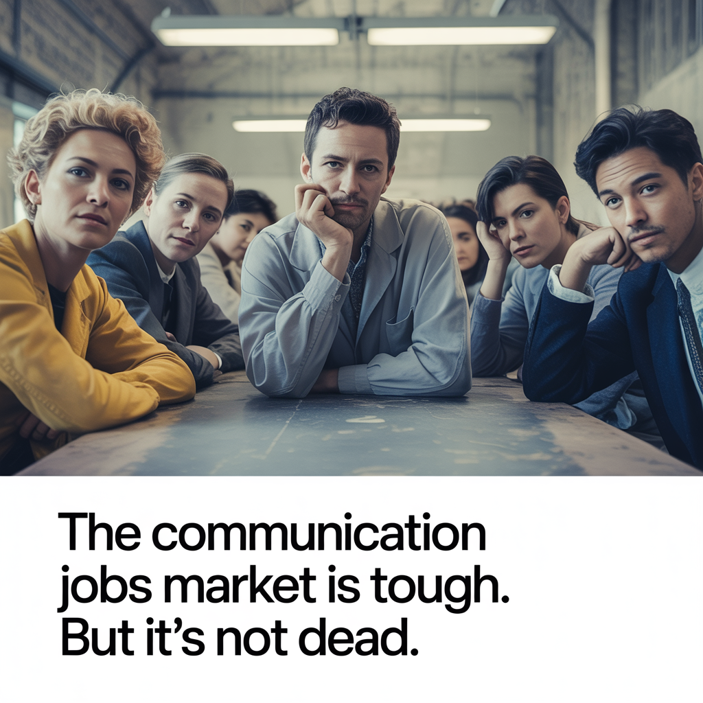 Magazine-ad photo of communication professionals around table with tag line "The communication job market is tough. But it's not dead."