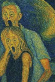 Edvard-munch style image of Coldplay kisscam scene