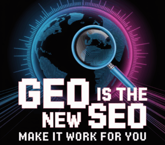 Poster with a globe under a magnifying glass and the slogan "GEO is the new SEO - make it work for you"