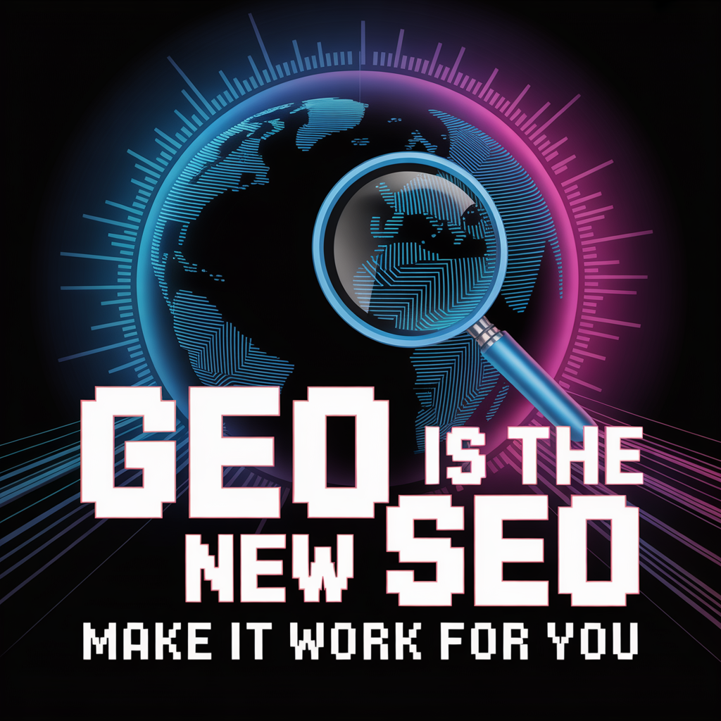 Poster with a globe under a magnifying glass and the slogan "GEO is the new SEO - make it work for you"
