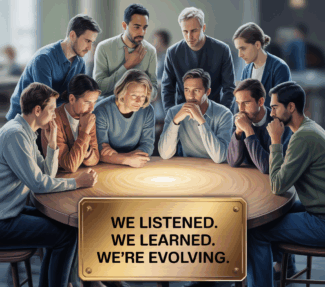 Corporate leaders around a board table with a sign at the front saying "We listened, we learned, we're evolving."