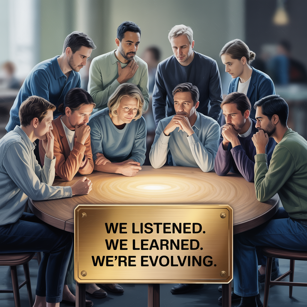 Corporate leaders around a board table with a sign at the front saying "We listened, we learned, we're evolving."