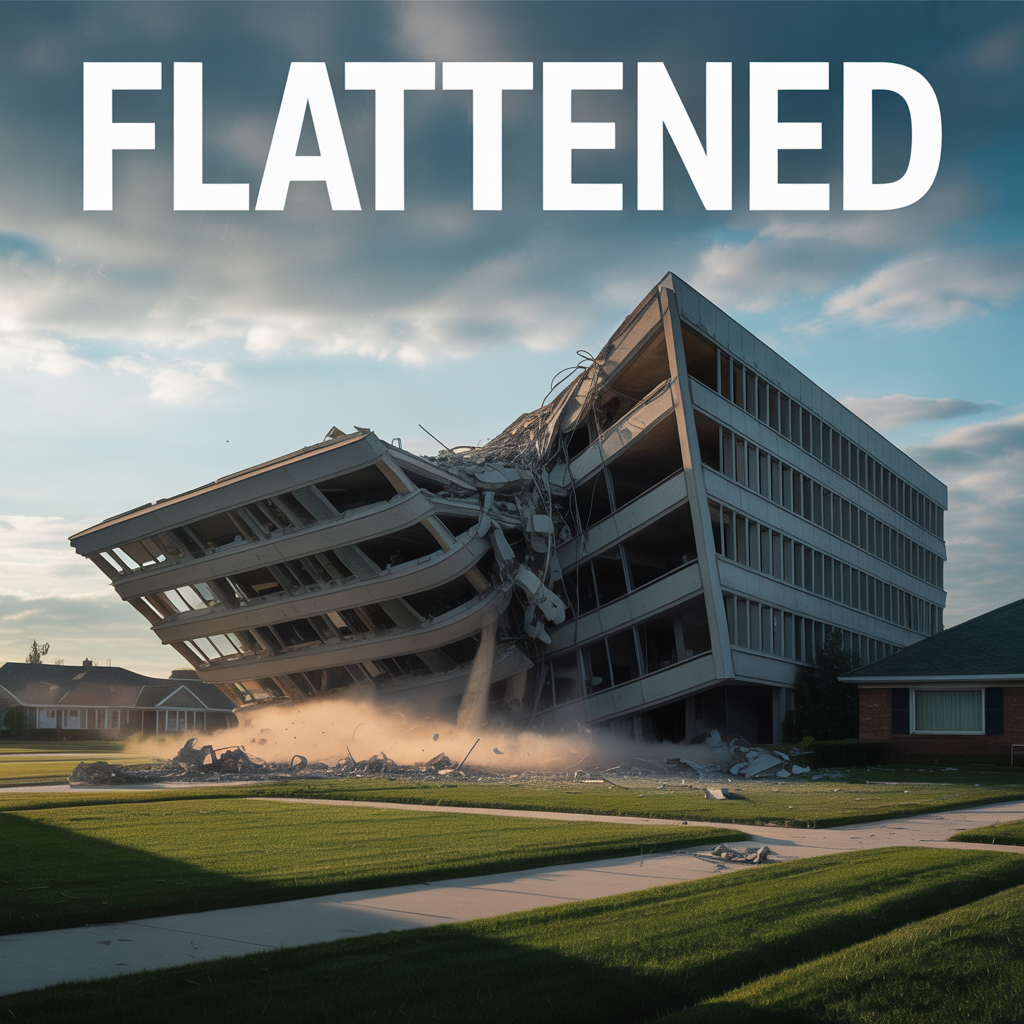 A poster of a collapsed modern suburban low-rise office building with the caption "FLATTENED" on top of it