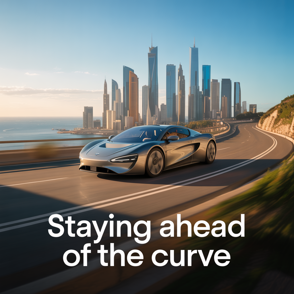 Car driving on curve with skyline of futuristic major city in background with caption "Staying ahead of the curve"