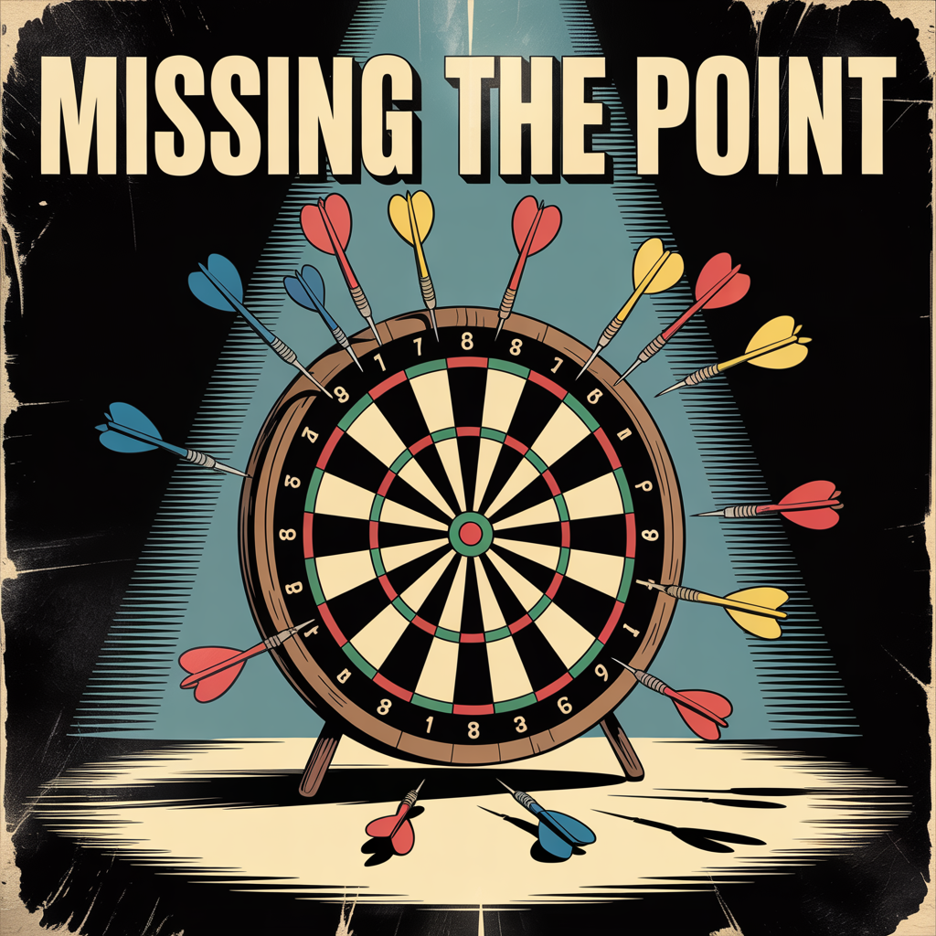 Poster that has a dartboard with misthrown darts scattered around the target and the slogan "Missing The Point"