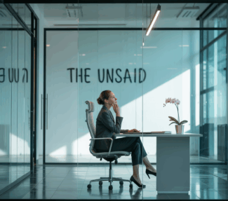 photo of woman sitting in an office with a sign on the back: "the unsaid"