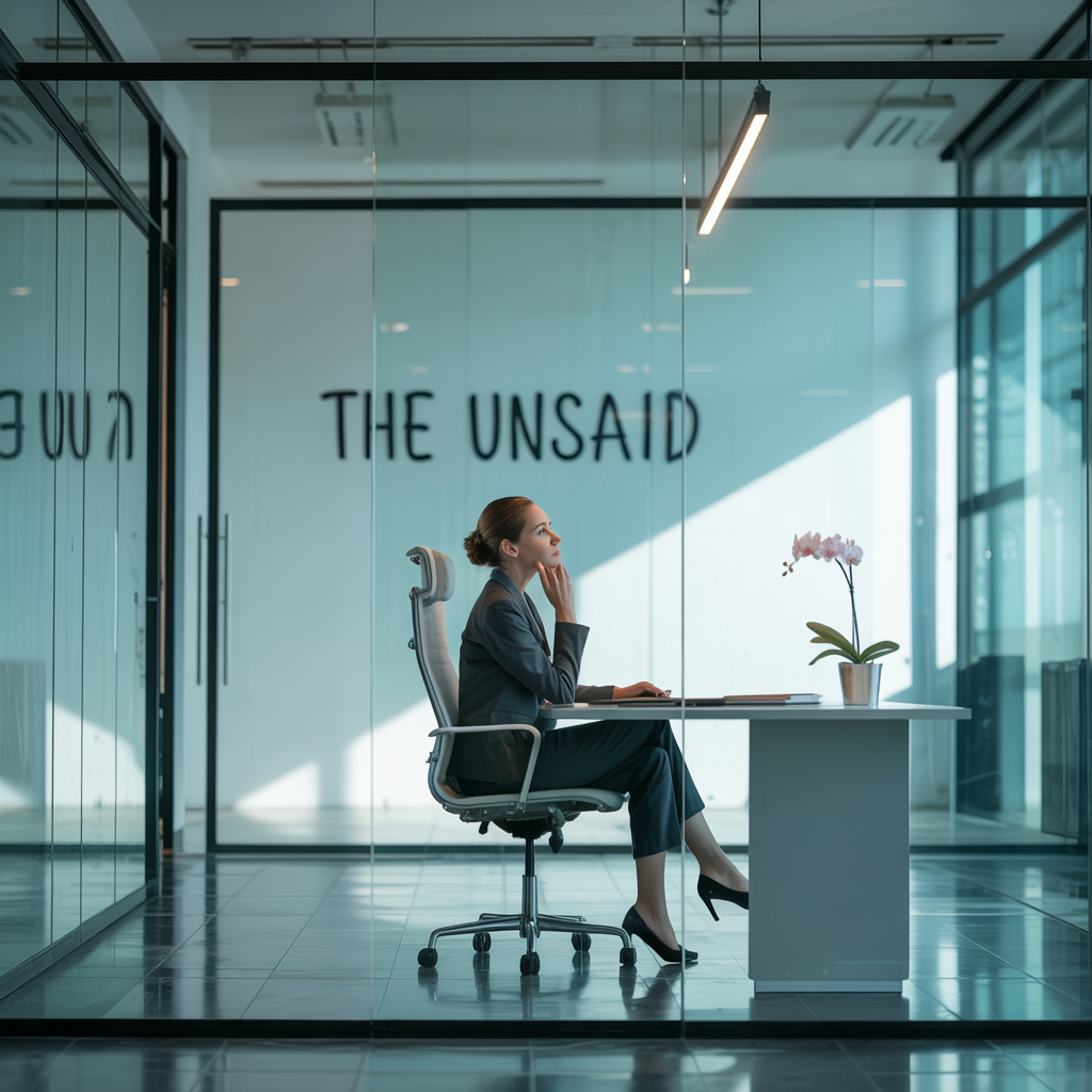 photo of woman sitting in an office with a sign on the back: "the unsaid"