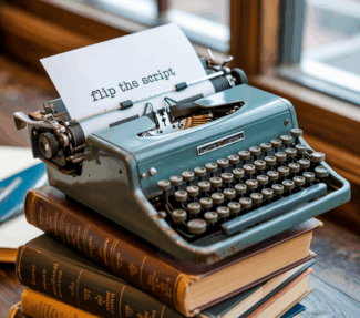 typewriter with paper, "flip the script" is typed on that paper