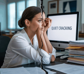 Woman employee looking pressured at desk with crack running down middle of picture and "QUIET CRACKING" on her computer screen