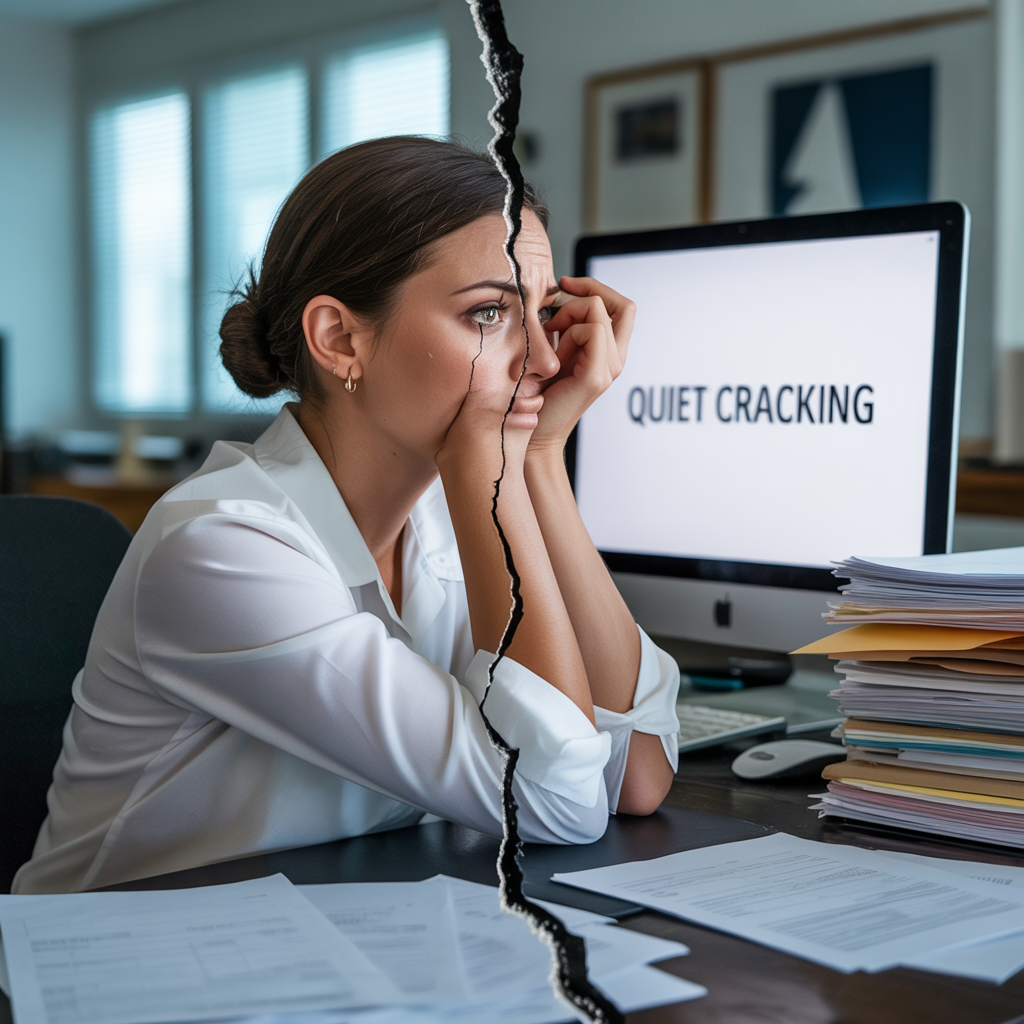 Woman employee looking pressured at desk with crack running down middle of picture and "QUIET CRACKING" on her computer screen