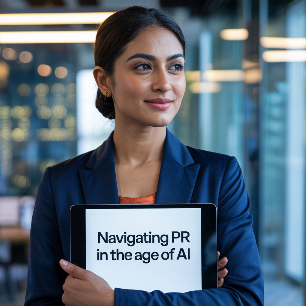 Woman in suit with tablet which says: Navigating PR in the Age of AI