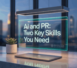 Holographic image of sign with "AI and PR: Two Key Skills You Need" over laptop